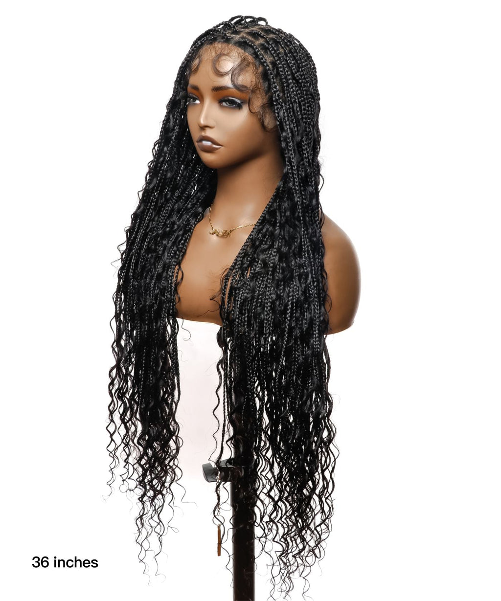 HD Full Lace Human Hair Boho Curls 36" Knotless Boho Box Braided Wig
