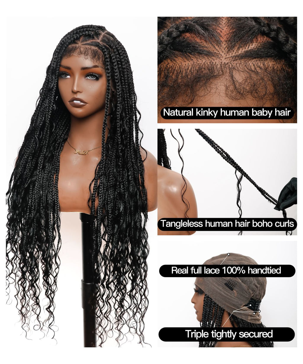 Small & Large Head Size Exclusive - Triangle Base HD Full Lace Human Hair Boho Curls Knotless Boho Box Braided Wig 36"