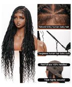 Small & Large Head Size Exclusive - Triangle Base HD Full Lace Human Hair Boho Curls Knotless Boho Box Braided Wig 36"