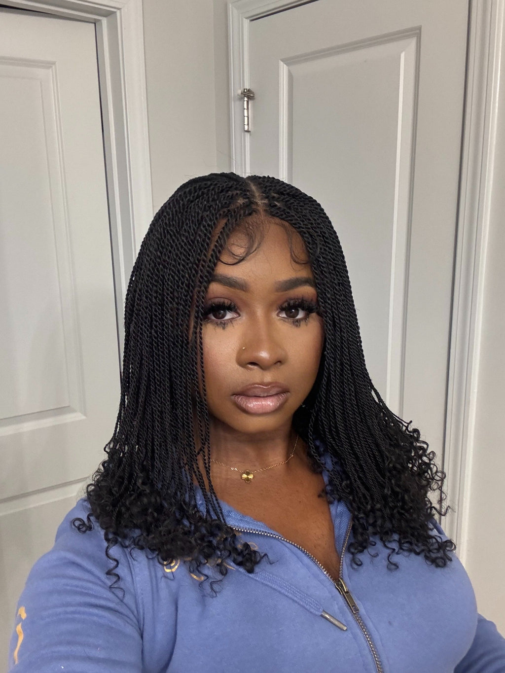 Tina - Senegalese Mini Twist Braided Wig 14" Full Hand-tied HD Lace With Curly Ends - Human Baby Hair