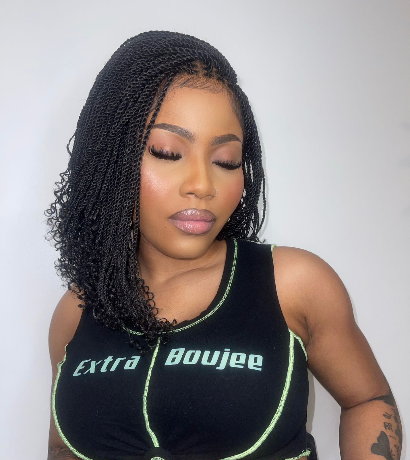 Tina - Senegalese Mini Twist Braided Wig 14" Full Hand-tied HD Lace With Curly Ends - Human Baby Hair