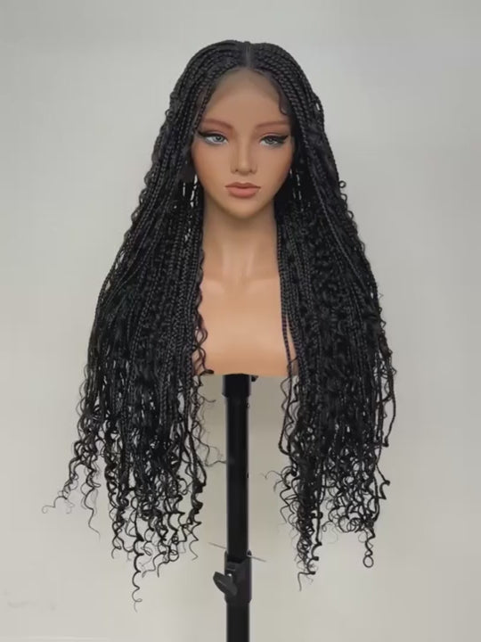 Boho Lace Braided Wig Long Wavy Crochet Braids Wig With Baby Hair Handmade No-Knot Woven Braid Wave Headband Hair Extension