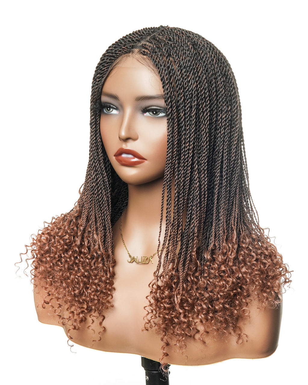 Tina - Senegalese Mini Twist Braided Wig 14" Full Hand-tied HD Lace With Curly Ends - Human Baby Hair