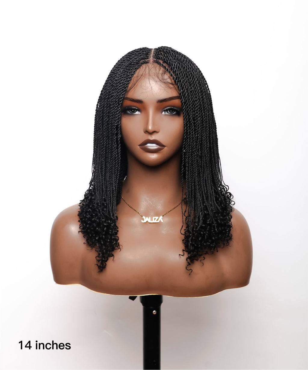 Tina - Senegalese Mini Twist Braided Wig 14" Full Hand-tied HD Lace With Curly Ends - Human Baby Hair