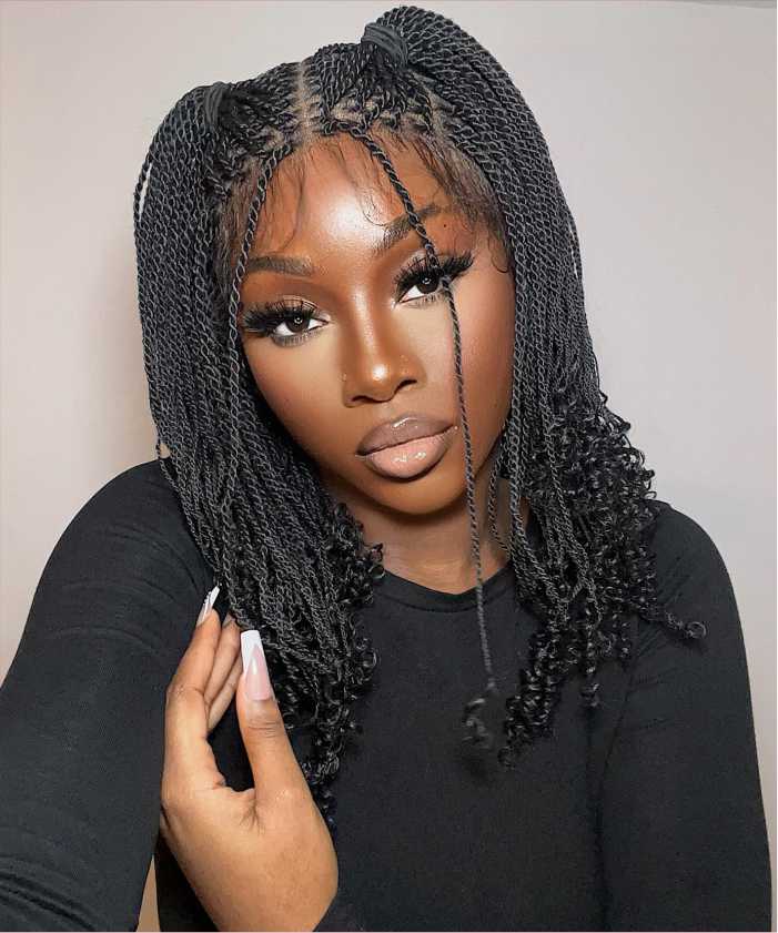 Tina - Senegalese Mini Twist Braided Wig 14" Full Hand-tied HD Lace With Curly Ends - Human Baby Hair