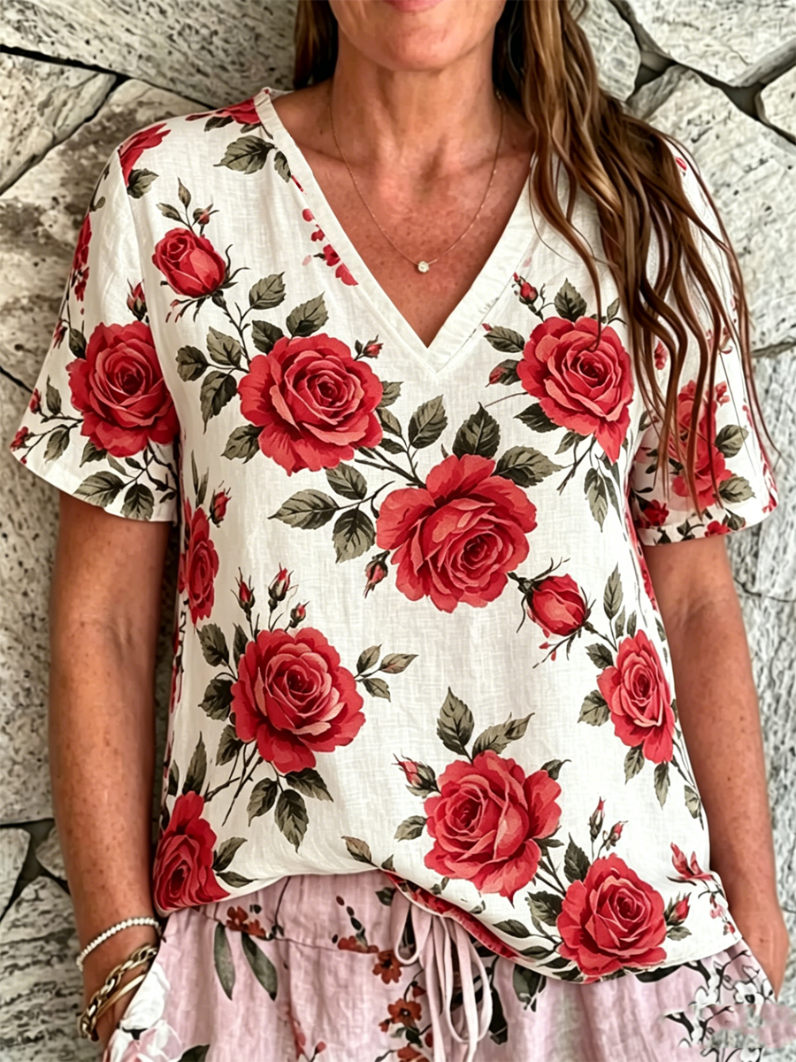 Women's Rose Print linen short-sleeved T-shirt