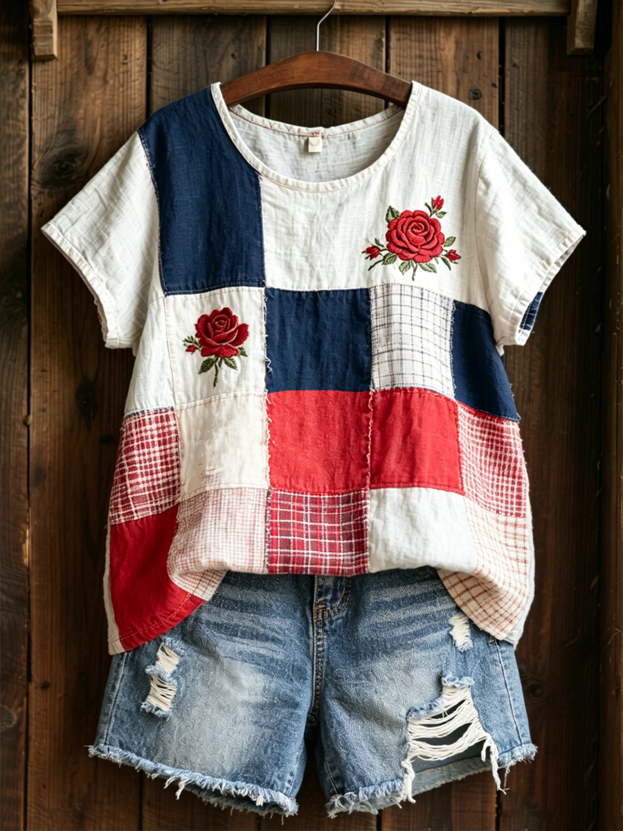Women's Rose Print linen short-sleeved T-shirt 01