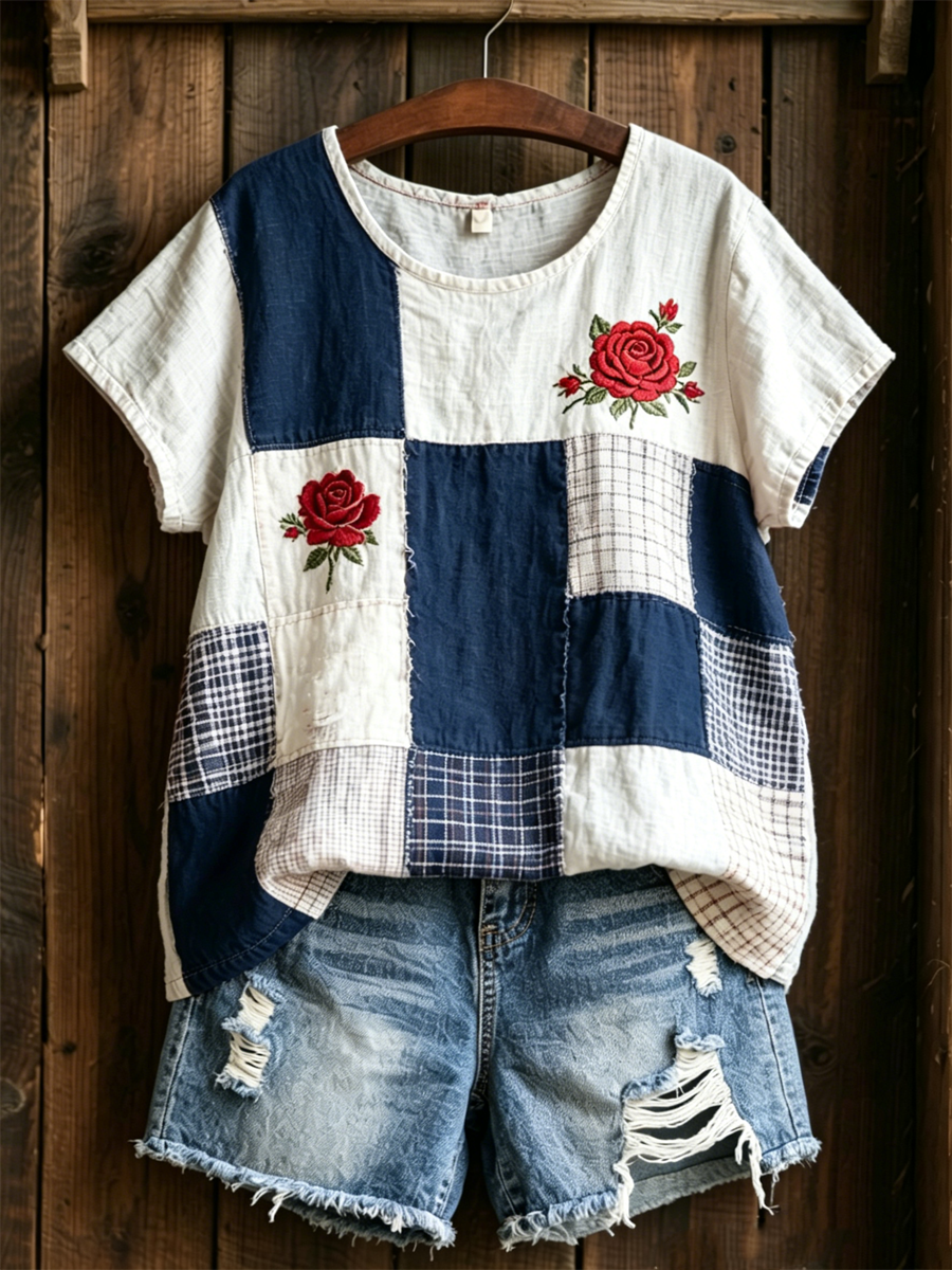 Women's Rose Print linen short-sleeved T-shirt 01