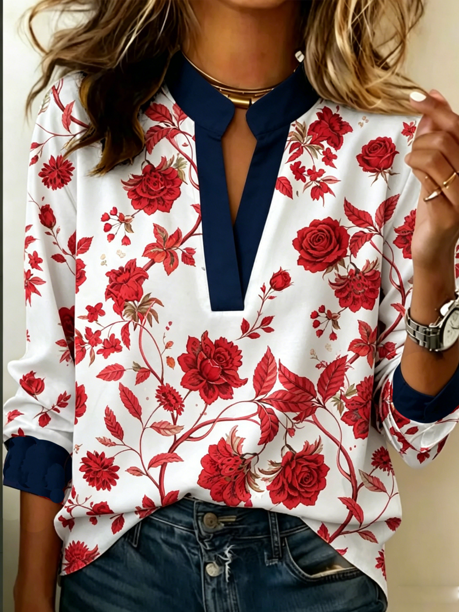 Women's Floral Print Linen Long Sleeve Shirt