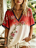 Women's Floral Print linen short-sleeved T-shirt