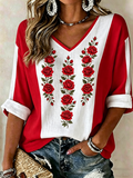 Women's Floral Print Mid-length Sleeves V-Neck T-Shirt